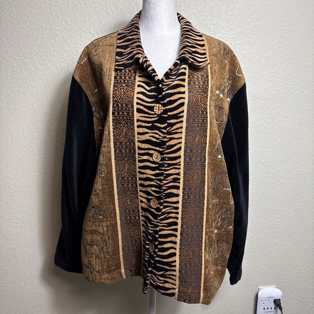 TanTrums Jacket Womens XL Tiger Safari Tapestry Vtg 90s Animal Print Button Up